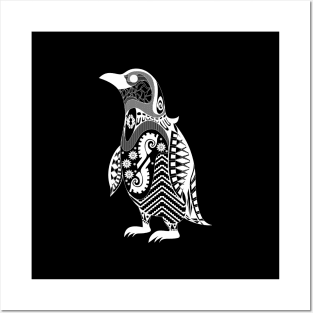 happy funny penguin in ecopop tribal pattern wallpaper art Posters and Art